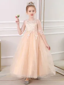 Pink Flower Girl Dresses Jewel Neck Half Sleeves Ankle-Length Lace Princess Silhouette Bows Formal Kids Pageant Dresses #478758