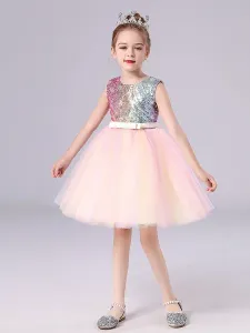 Pink Flower Girl Dresses Jewel Neck Polyester Sleeveless Knee-Length A-Line Tulle Sequins Kids Party Dresses #492978