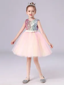 Pink Flower Girl Dresses Jewel Neck Sleeveless Bows Kids Social Party Dresses Sequined Tulle Short Dress #479083