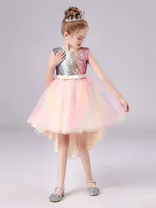Pink Flower Girl Dresses Jewel Neck Tulle Sleeveless Short Princess Dress Bows Formal Kids Pageant Dresses #479059