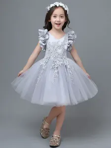 White Flower Girl Dresses A-Line Zipper V-Neck Sleeveless Tulle Flowers Kids Party Dresses #477223