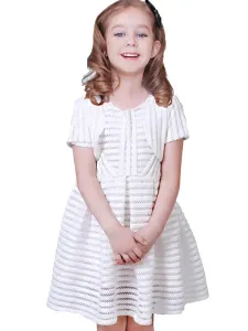 White Flower Girl Dresses Jewel Neck Cotton Blend Short Sleeves Tea-Length A-Line Pleated Kids Social Party Dresses #464559