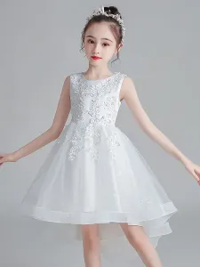 White Flower Girl Dresses Jewel Neck Sleeveless Bows Kids Party Dresses Short Princess Dress #479035