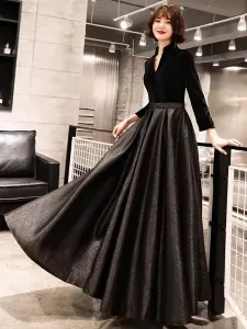 Black Prom Dresses Long V Neck Velvet Satin Patchwork Maxi Formal Gowns Wedding Guest Dresses Free Customization #430078