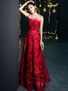 Prom Dresses Long Burgundy Strapless Lace Formal Evening Gowns Wedding Guest Dresses #430022