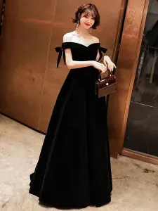 Prom Dresses Long Velvet Off Shoulder Bows Black Floor Length Formal Gowns Wedding Guest Dresses Free Customization #430094