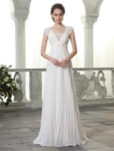 Beach Wedding Dress V Neckline Chiffon Beading Pleated Floor Length Bridal Gown Free Customization #402970