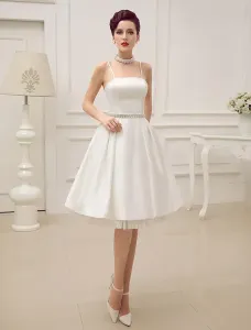 Short Wedding Dress 2023 With Pearls At Waist Vintage Spaghetti Straps Backless Satin Bridal Dress Free Customization