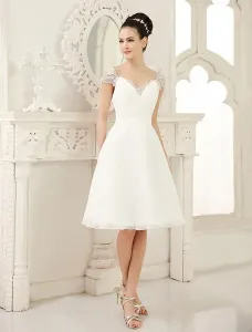 Simple Wedding Dresses Ivory A Line V Neck Ruched Knee-Length Bridal Dresses #403554