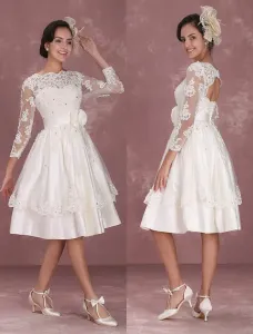 Vintage Wedding Dresses 1950s Short Lace Applique Long Sleeve Keyhole Flower Sash Tiered Bridal Dress Free Customization #402943