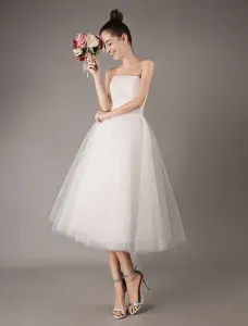 Vintage Wedding Dresses Short Tulle Strapless Tea Length Bridal Dress Free Customization #427193