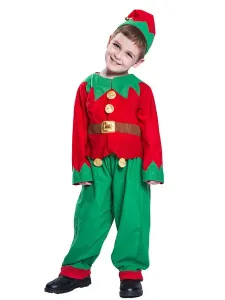 Christmas Elf Costume Boys Kids Long Sleeve Top Pants Hat 3 Piece Set Halloween #428624