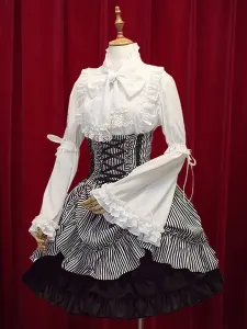 Black White Stripe High Waist Lolita Skirt Cotton Lace Up #405934