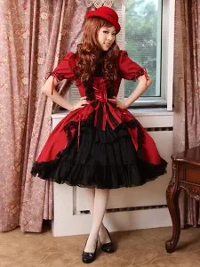 Burgundy Layered Cotton Gothic Lolita Dress for Women #406697