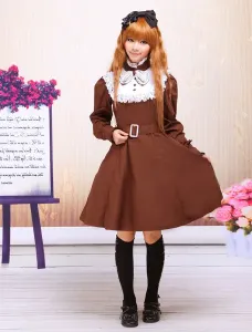 Coffee Cotton Stand Collar Long Sleeves Classic Lolita Dress #407303