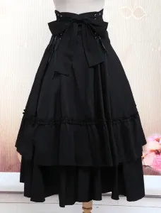 Gothic Lolita Dress SK Black Lace Up Ruffle Tiered Cotton Lolita Skirt #407107