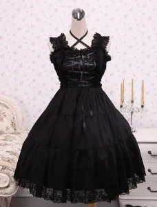 Pure Black Cotton Lolita Jumper Skirt Lace Trim Lace Up Waist Belt #407795