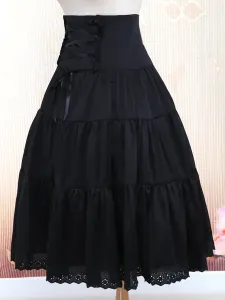 Pure Black Cotton Loltia Long Skirt High Waist Ruffles Trim #407765