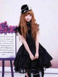 Rayon Yarn Black Lolita OP Dress with Ruffles Waist Belt #407209