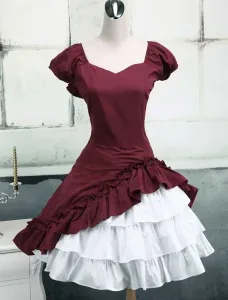 Wine White Lolita OP Dress Short Sleeves withe Ruffles #402690