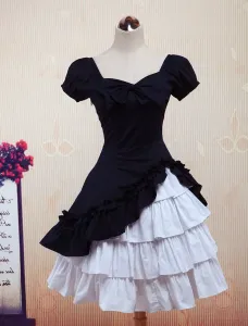 Wine White Lolita OP Dress Short Sleeves withe Ruffles #402697