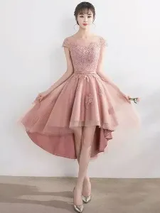 Blush Pink Cocktail Dresses High Low Lace Applique Illusion Short Prom Dresses 2023 Free Customization #416952