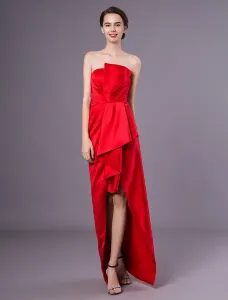 Cocktail Dresses Satin Red Asymmetrical Sheath Pleated Wedding Guest Dress #426755