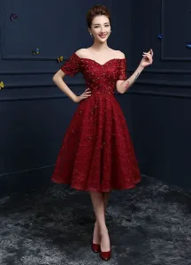 Lace Cocktail Dress Burgundy Flower Beading Prom Dress Off The Shoulder Sweetheart Short Sleeve A Line Knee Length Party Dress Wedding Guest Dress #414368