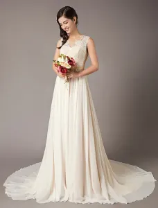 Champagne Wedding Dresses Beach Lace Chiffon V Neck Bridal Dress Free Customization #427241