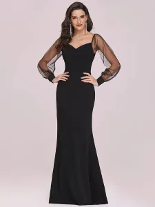 Black Evening Dress 2023 Mermaid V-Neck Satin Fabric Long Sleeves Backless Tulle Satin Fabric Formal Dresses Wedding Guest Dresses #483545