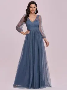 Evening Dress 2023 Blue Grey Tulle V-Neck A-Line Long Sleeves Floor-Length Pageant Dresses Wedding Guest Dresses #483489