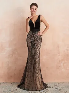 Evening Dress 2023 Mermaid Black Beaded Sleeveless V-Neck Formal Dresses Wedding Guest Dresses Free Customization #438240