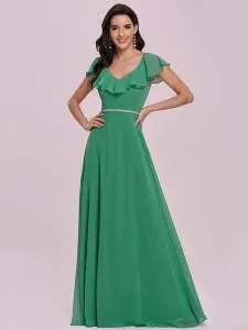 Green Evening Dress 2023 V-Neck A-Line Sleeveless Ruffles Chiffon Floor-Length Wedding Guest Dresses #483587