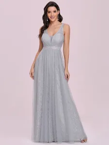 Light Grey Evening Dress 2023 V-Neck A-Line Sleeveless Sash Lace Tulle Floor-Length Wedding Guest Dresses #483566