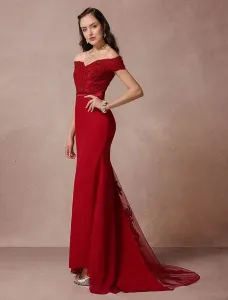 Red Long Off The Shoulder Mermaid Backless Evening Dress Fishtail Lace Beading Court Train Red Carpet Wedding Guest Dress Free Customization #413280
