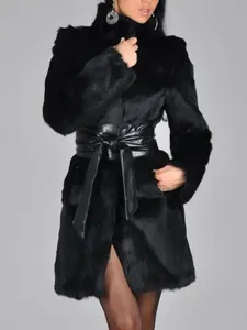 Faux Fur Coat Women Black Long Sleeve Winter Overcoat Sash Excluded #413748