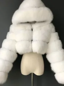 White Faux Fur Coats Hooded Short Jacket Women's Winter Outerwear #464758
