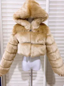 White Faux Fur Coats Hooded Short Jacket Women's Winter Outerwear #464772
