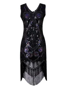 Flapper Dress Great Gatsby 1920s Fashion Vintage Costume Black Sequined Fringe Tassels Dress For Women Halloween #419950