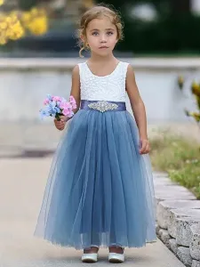 Blue Flower Girl Dresses Jewel Neck Sleeveless Sash Kids Party Dresses #486885