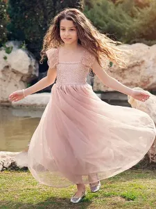 Cameo Brown Flower Girl Dresses Jewel Neck Polyester Sleeveless Ankle-Length A-Line Lace Formal Kids Pageant Dresses #487053