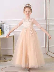 Champagne Flower Girl Dresses Jewel Neck Polyester Half Sleeves Ankle-Length A-Line Flowers Kids Party Dresses #483632