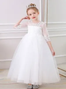 Champagne Flower Girl Dresses Jewel Neck Polyester Half Sleeves Ankle-Length A-Line Flowers Kids Party Dresses #483644