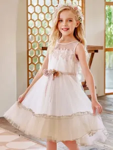 Flower Girl Dresses Champagne Jewel Neck Sleeveless Polyester Lace Tulle Flowers Kids Social Party Dresses #503602
