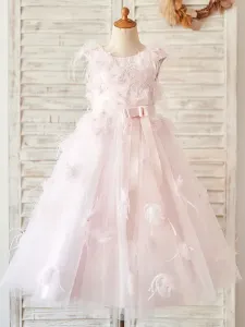 Flower Girl Dresses Jewel Neck Lace Sleeveless Tea-Length Princess Silhouette Bows Kids Social Party Dresses #463503