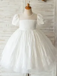 Flower Girl Dresses White Jewel Neck Short Sleeves Beaded Formal Kids Pageant Dresses Free Customization #469172