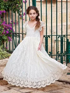 Ivory Flower Girl Dresses Jewel Neck Lace Short Sleeves Floor-Length A-Line Lace Kids Social Party Dresses #486997