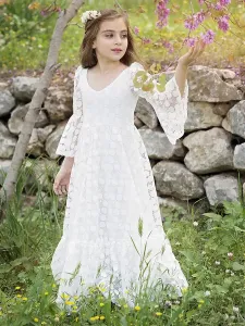 Ivory Flower Girl Dresses Jewel Neck Long Sleeves Lace Kids Party Dresses #487018