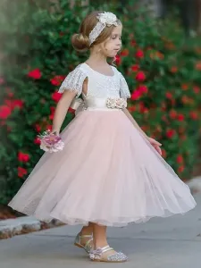 Maroon Flower Girl Dresses Jewel Neck Short Sleeves Sash Kids Social Party Dresses #486920