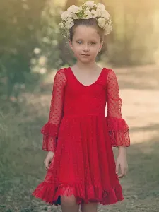 Red Flower Girl Dresses V-Neck Long Sleeves Lace Polyester Formal Kids Pageant Dresses #486969